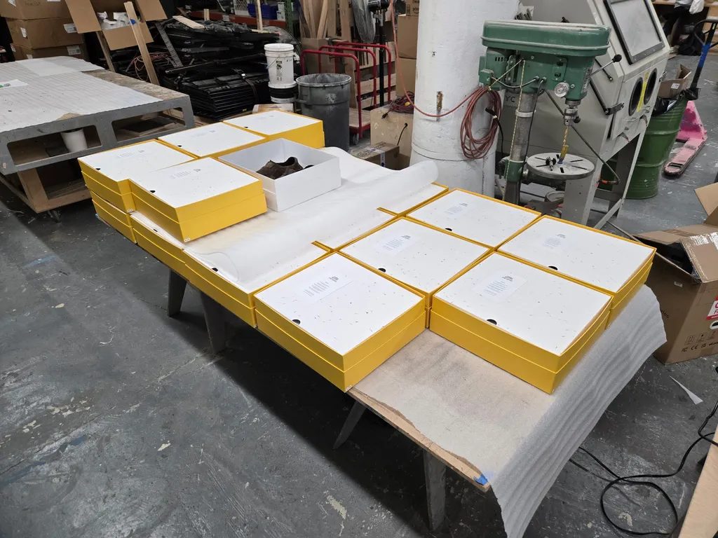 Finished boxes stacked on a table, ready to go out