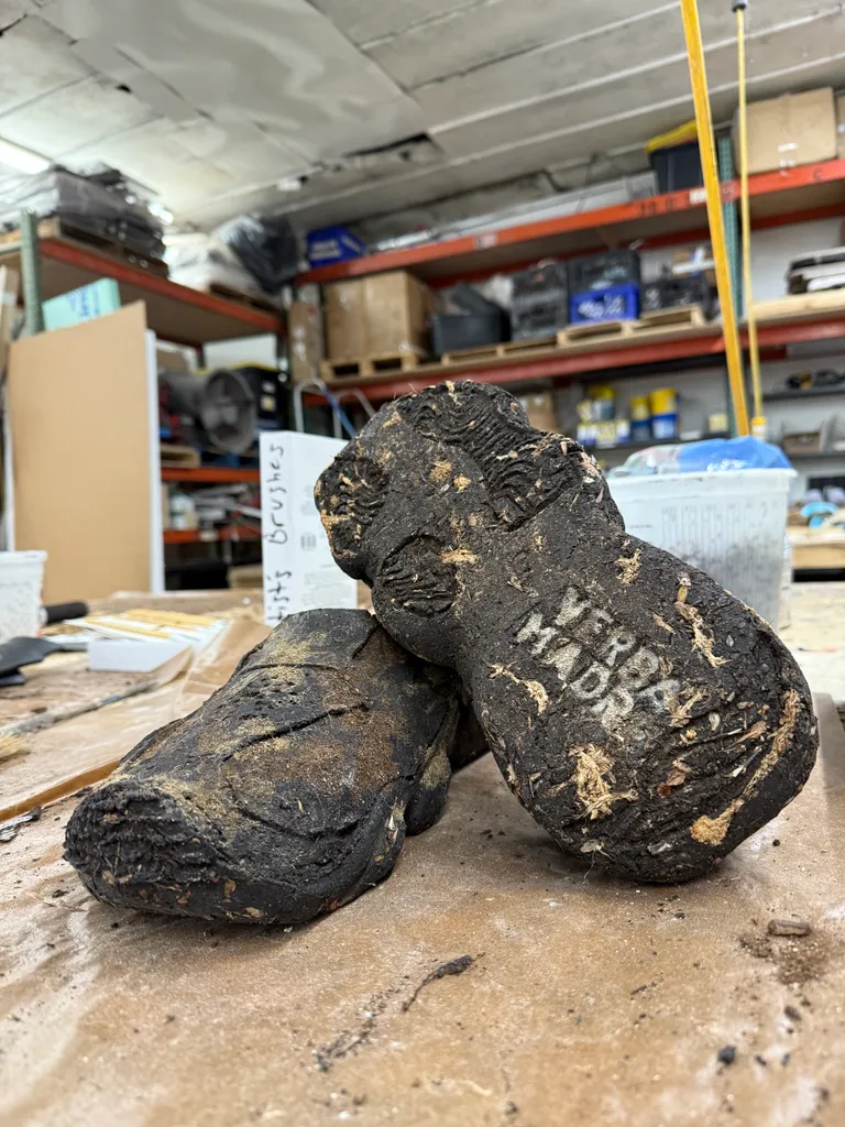 A finished pair of Dirt Shoes with the logo on the sole