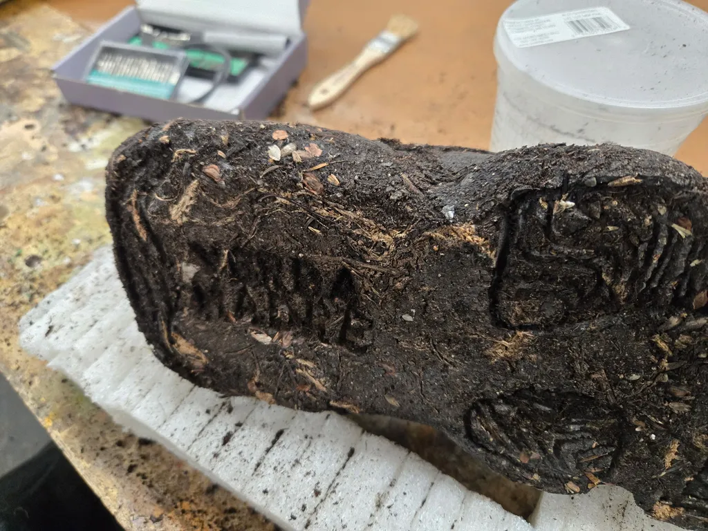 Close-up of a cast sole with the Yerba Madre logo pressed into the dirt