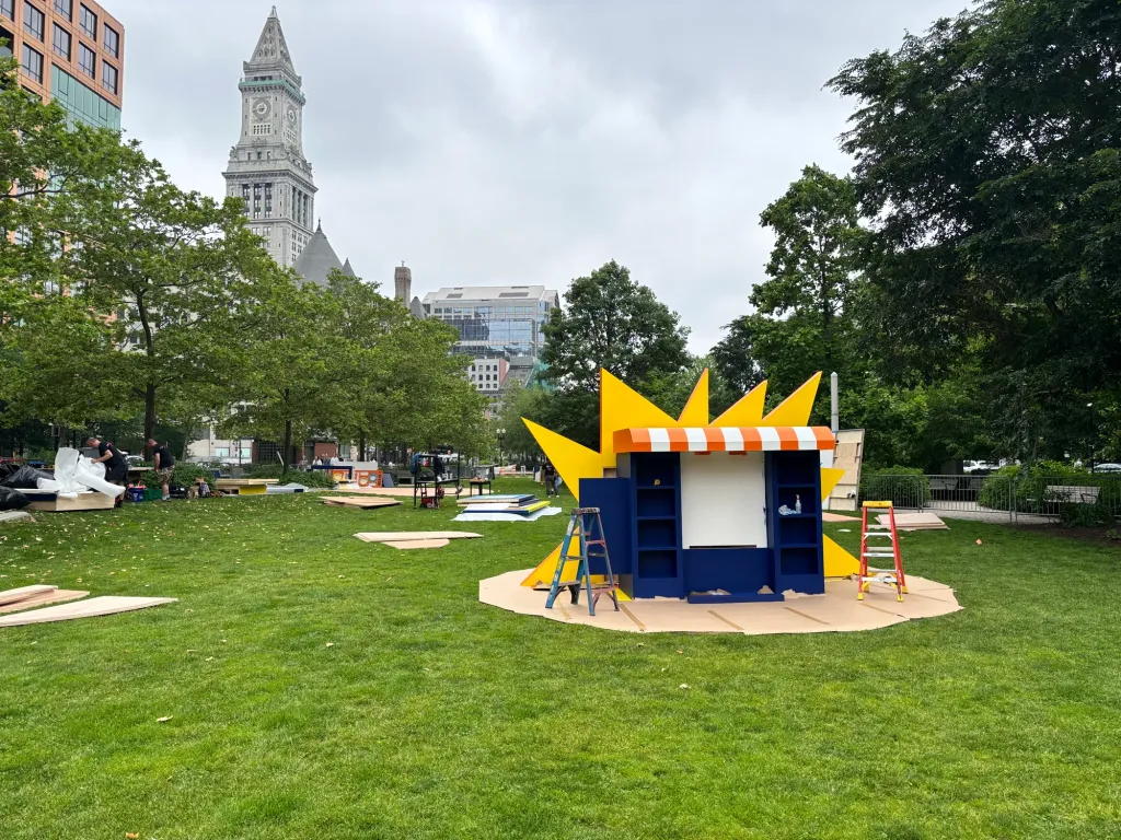 The Factory NYC crew installing the game buildings on the Rose Kennedy Greenway